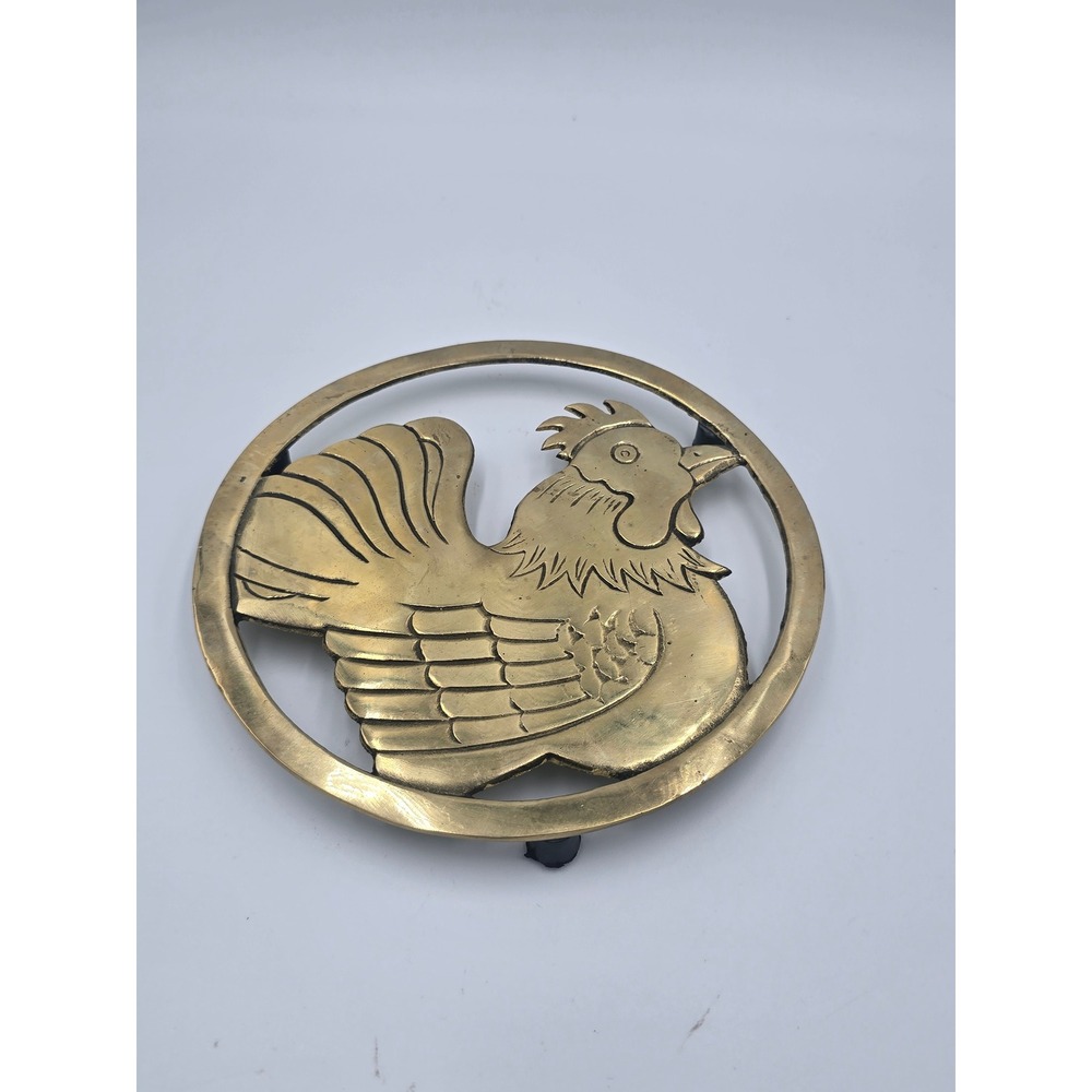 Vintage Brass Rooster Trivet Circular Farmhouse Kitchen Hot Plate Made in Taiwan